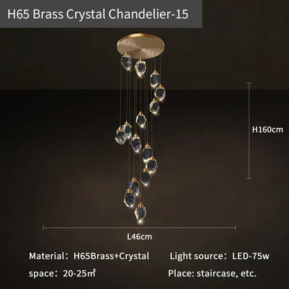 Modern geometric black & gold crystal diamond chandelier stairwell light