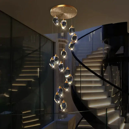 Modern geometric black & gold crystal diamond chandelier stairwell light