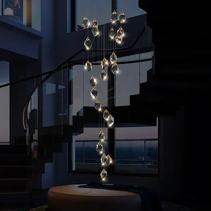 Modern geometric black & gold crystal diamond chandelier stairwell light