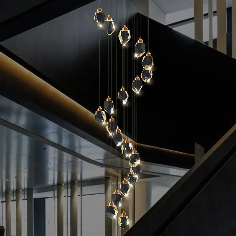 Modern geometric black & gold crystal diamond chandelier stairwell light