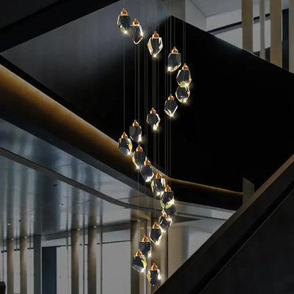 Modern geometric black & gold crystal diamond chandelier stairwell light