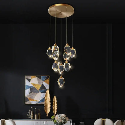 Modern geometric black & gold crystal diamond chandelier stairwell light
