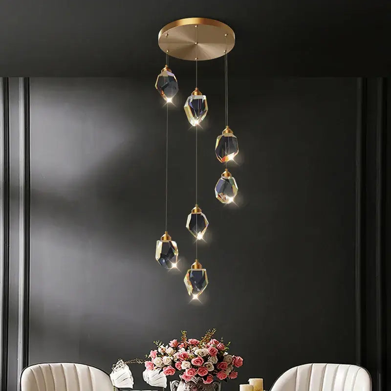 Modern geometric black & gold crystal diamond chandelier stairwell light