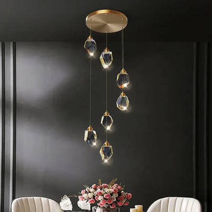 Modern geometric black & gold crystal diamond chandelier stairwell light
