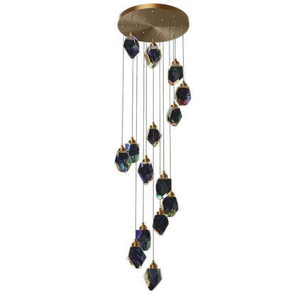 Modern geometric black & gold crystal diamond chandelier stairwell light