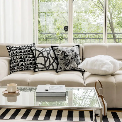 Modern geometric black & white embroidered pillow cover living room