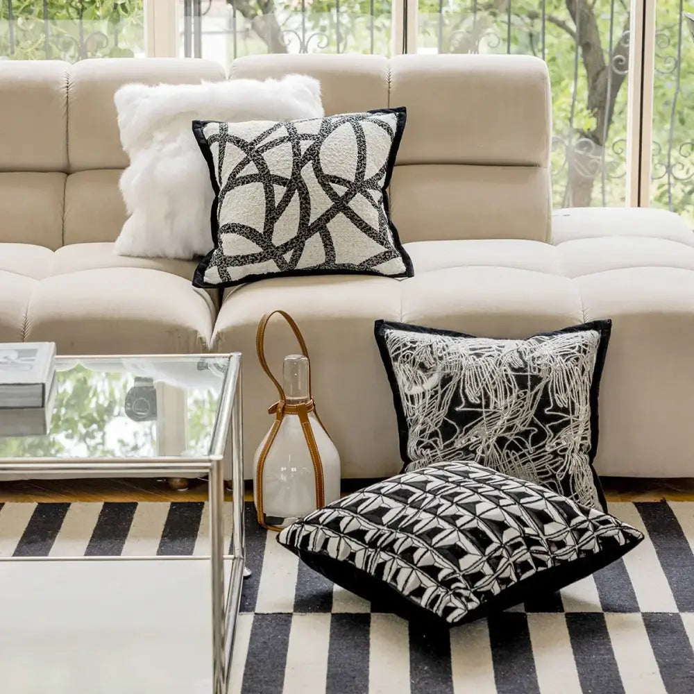 Modern geometric black & white embroidered pillow cover living room