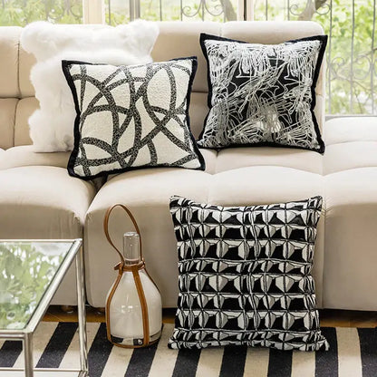 Modern geometric black & white embroidered pillow cover living room
