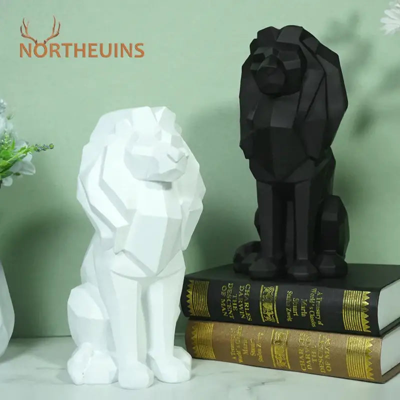 Modern geometric black & white lion resin art statue office decor