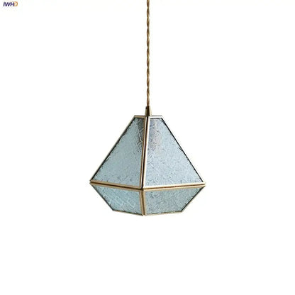 Modern geometric blue glass and brass pendant light – dining room