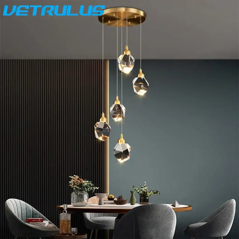 Modern geometric brass diamond crystal led chandelier dining room
