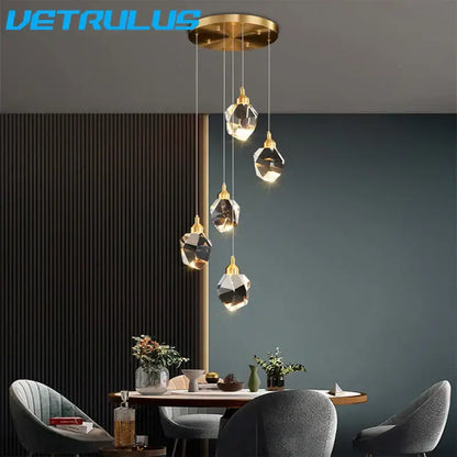 Modern geometric brass diamond crystal led chandelier dining room