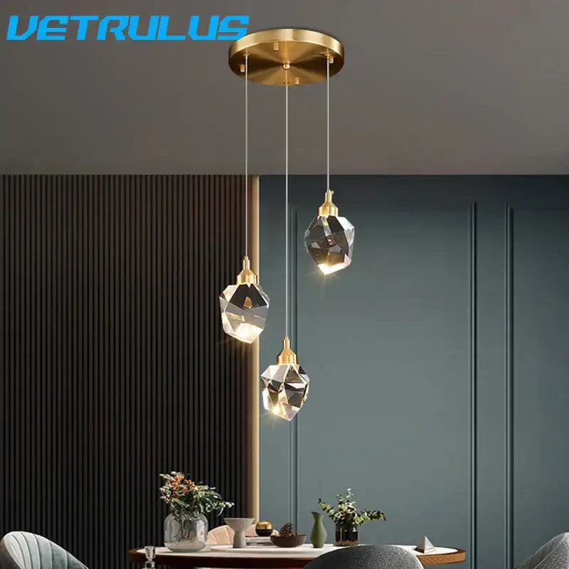 Modern geometric brass diamond crystal led chandelier dining room
