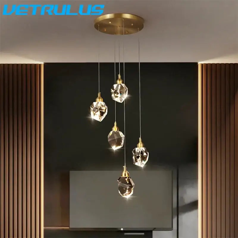 Modern geometric brass diamond crystal led chandelier dining room