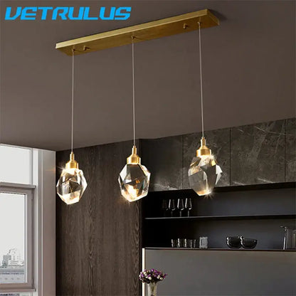 Modern geometric brass diamond crystal led chandelier dining room