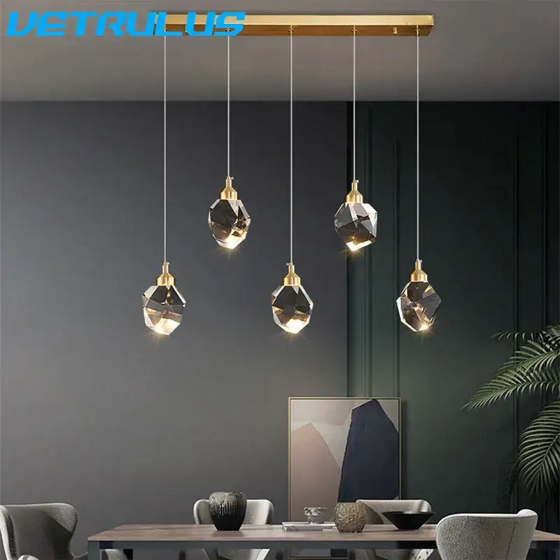 Modern geometric brass diamond crystal led chandelier dining room