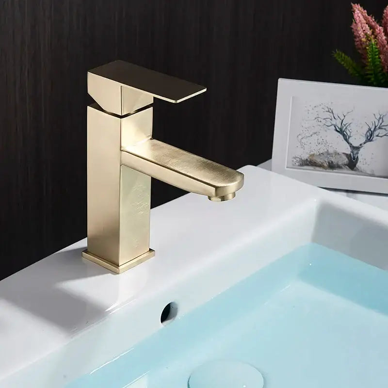 Modern geometric brushed gold basin faucet bathroom vessel sink tap