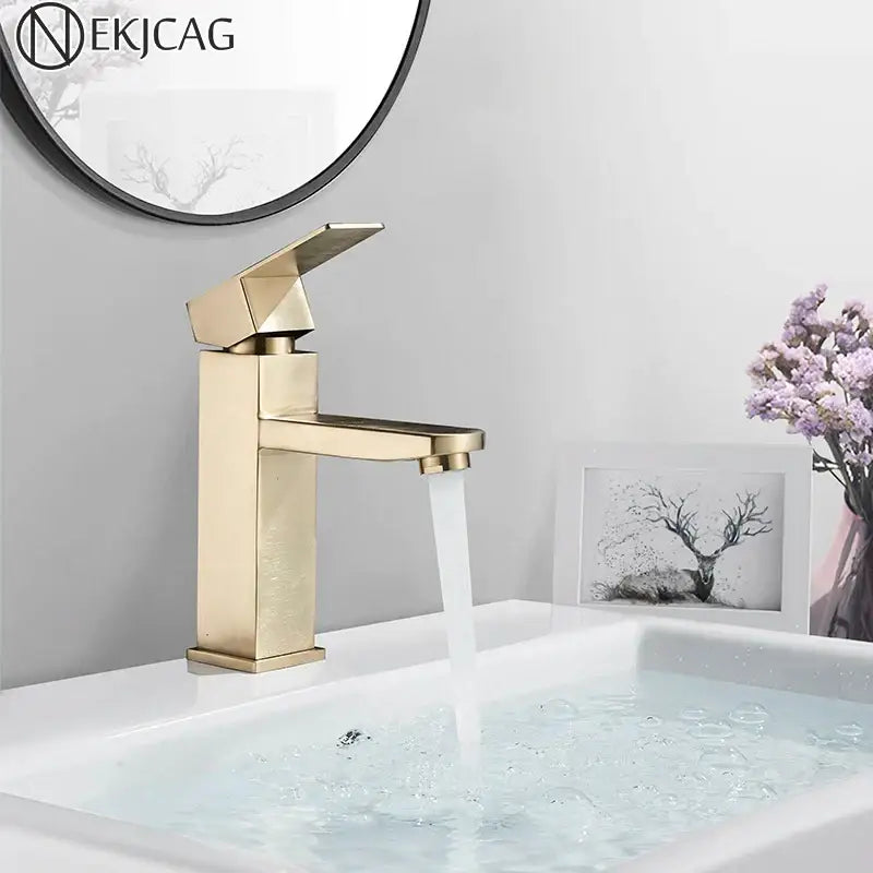 Modern geometric brushed gold basin faucet bathroom vessel sink tap