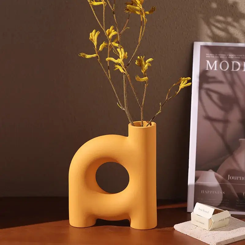 Modern geometric ceramic vase yellow & terracotta living room decor