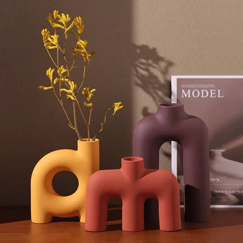 Modern geometric ceramic vase yellow & terracotta living room decor