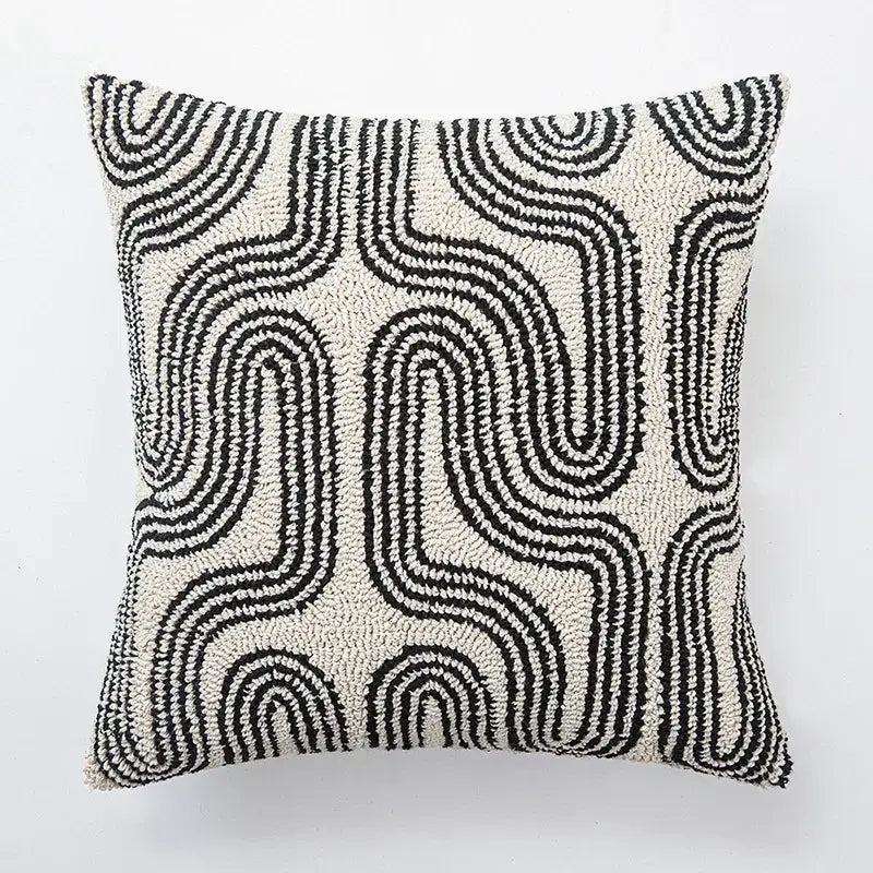 Modern geometric embroidered cushion cover black & cream living room