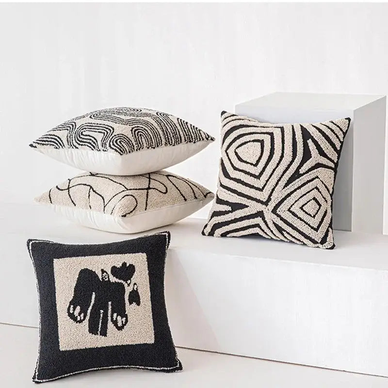 Modern geometric embroidered cushion cover black & cream living room
