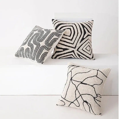 Modern geometric embroidered cushion cover black & cream living room