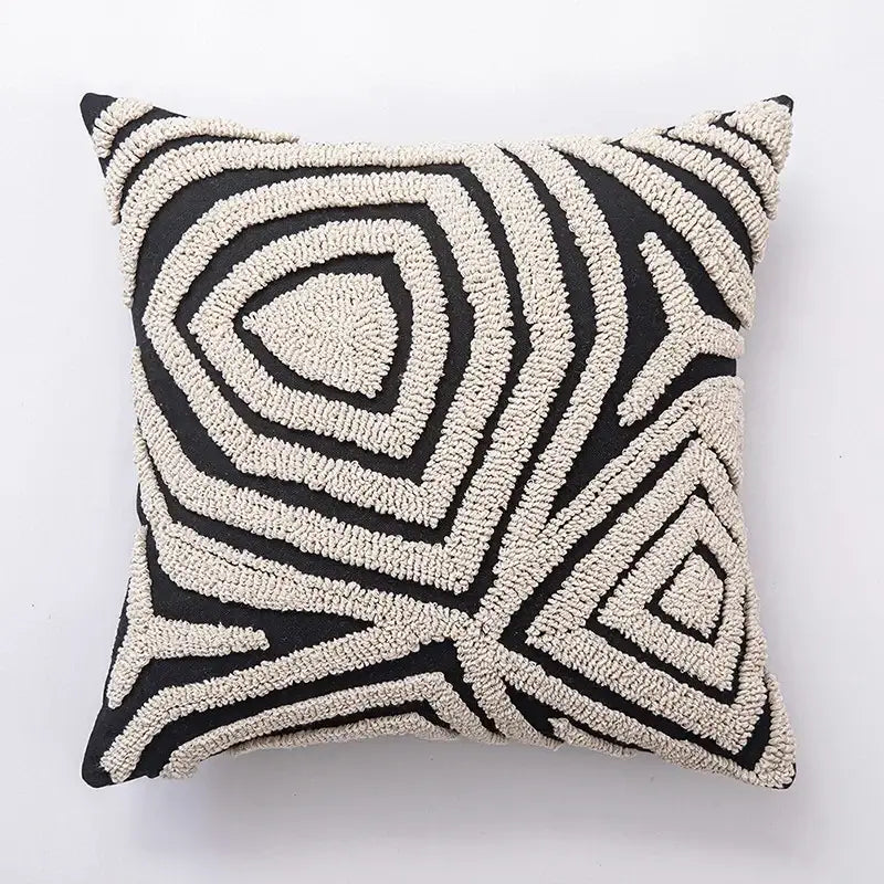 Modern geometric embroidered cushion cover black & cream living room