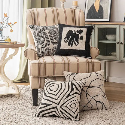 Modern geometric embroidered cushion cover black & cream living room