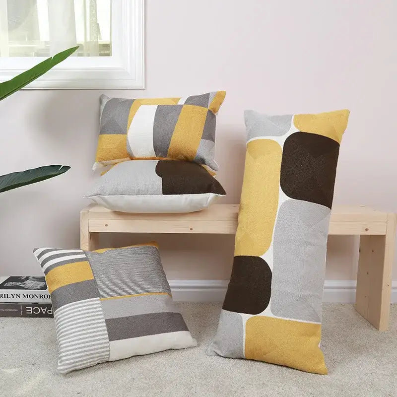 Modern geometric embroidery pillow cover yellow & gray living room