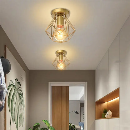 Modern geometric iron frame cage ceiling light for aisle and loft