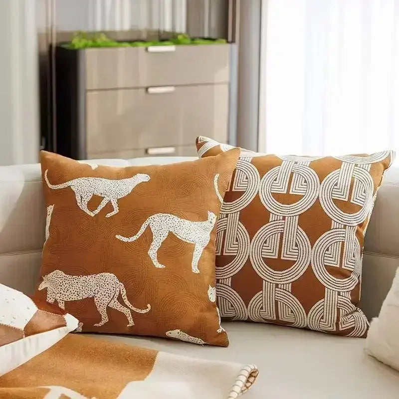 Modern geometric jacquard cushion cover brown & white living room cheetah