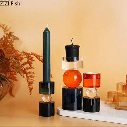 Modern geometric orange & black crystal candle holders dining room
