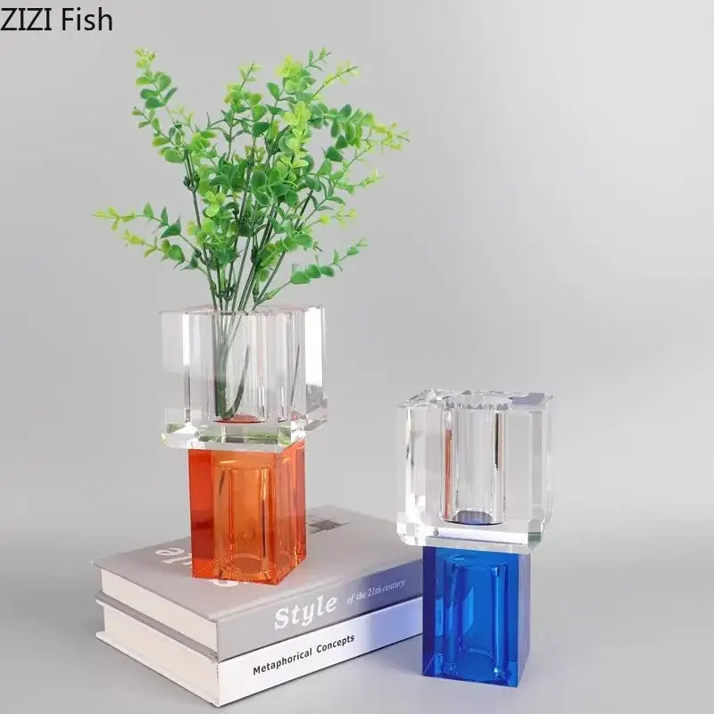 Modern geometric square orange & blue artificial flowers living room