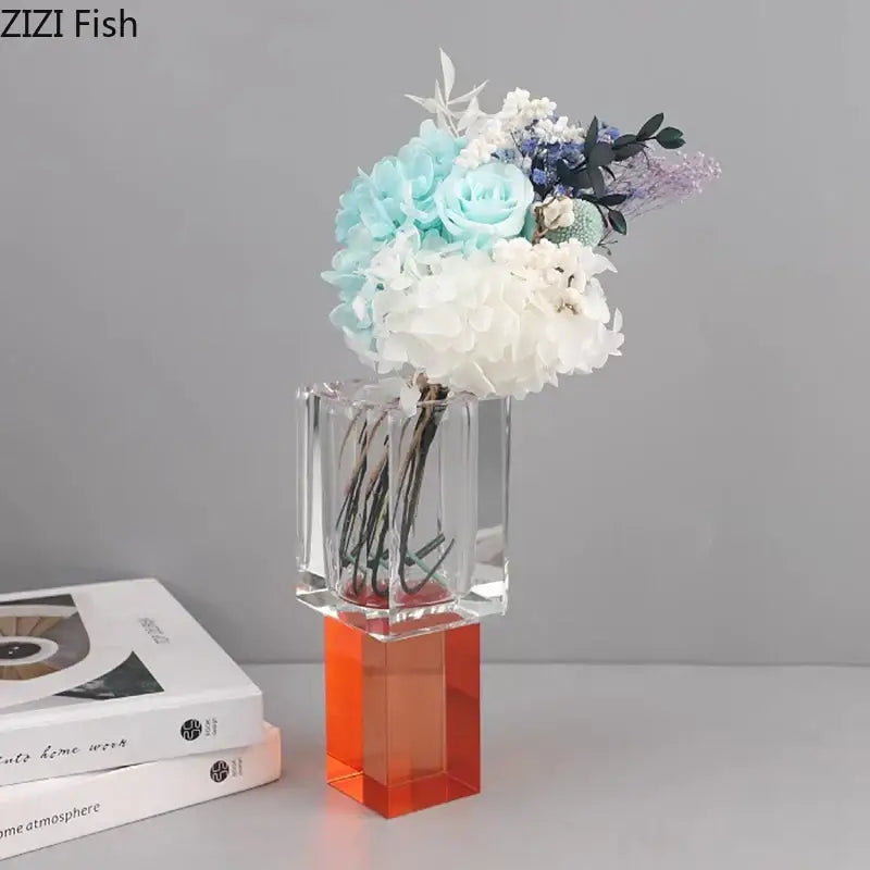 Modern geometric square orange & blue artificial flowers living room