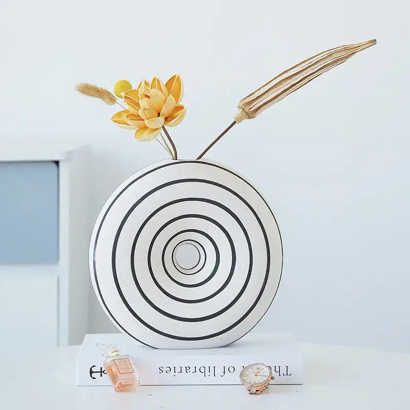Modern geometric stripes ceramic vase living room decor white & black