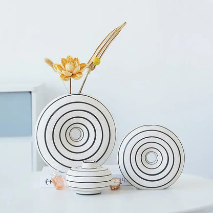 Modern geometric stripes ceramic vase living room decor white & black