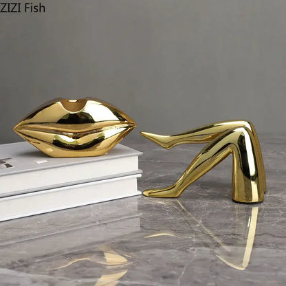 Modern gilded lips and leg resin figurines living room sculpture
