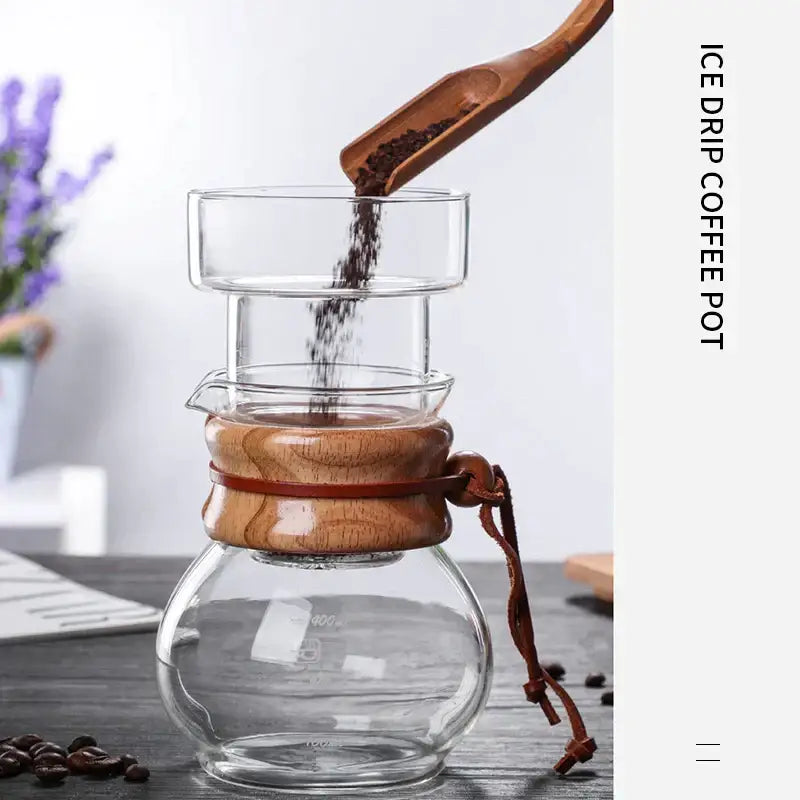 Modern glass coffee kettle dripper with wood collar kitchen maker