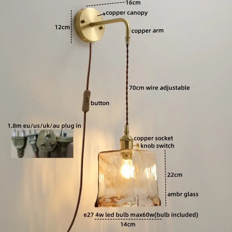 Modern glass copper led wall lights bedroom globe sconce