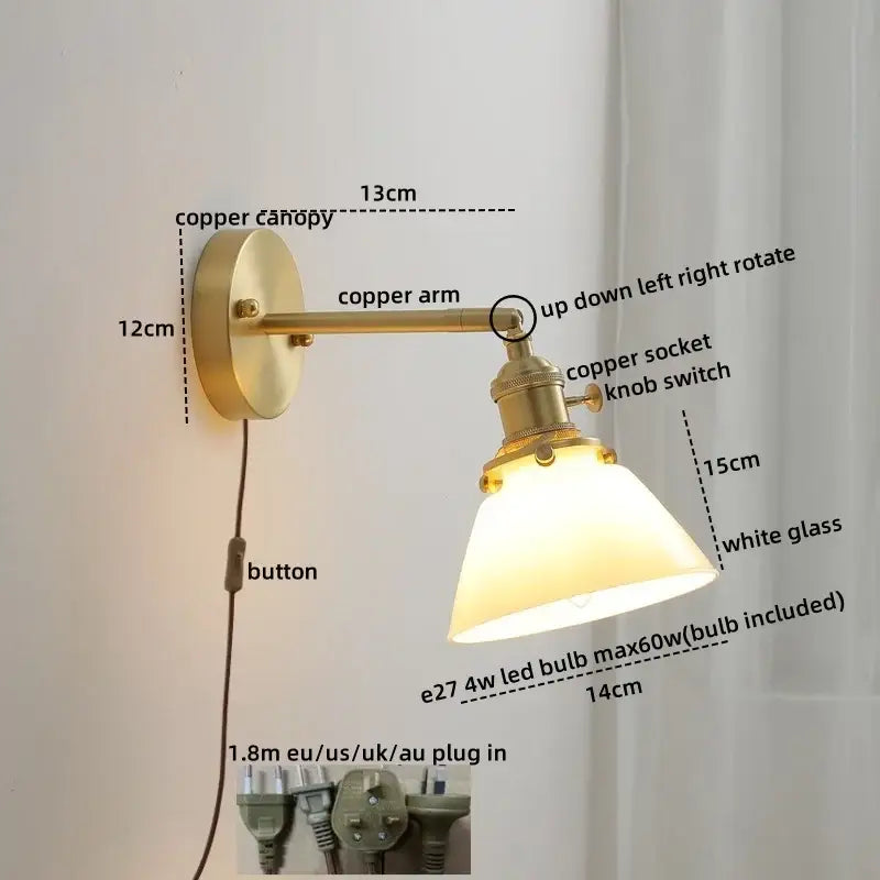 Modern glass copper led wall lights for bedroom reading