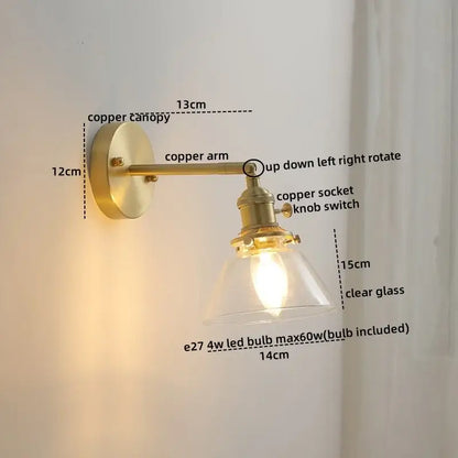 Modern glass copper led wall lights for bedroom reading
