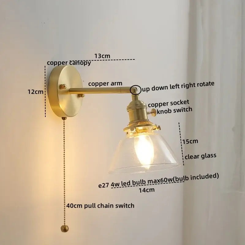 Modern glass copper led wall lights for bedroom reading