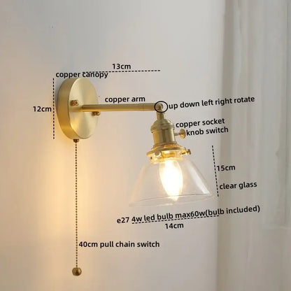 Modern glass copper led wall lights for bedroom reading