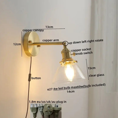 Modern glass copper led wall lights for bedroom reading