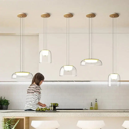 Modern glass dome pendant lights for dining room with wood fixture