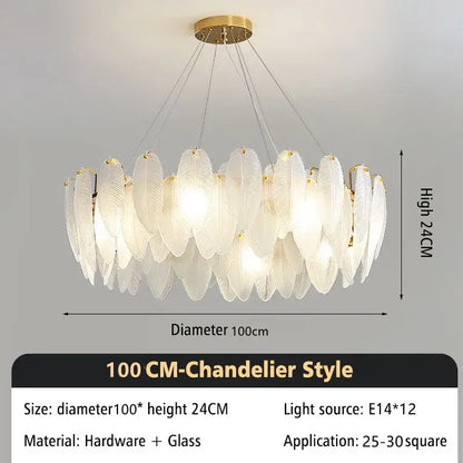 Modern glass feather chandelier living room brass pendant light