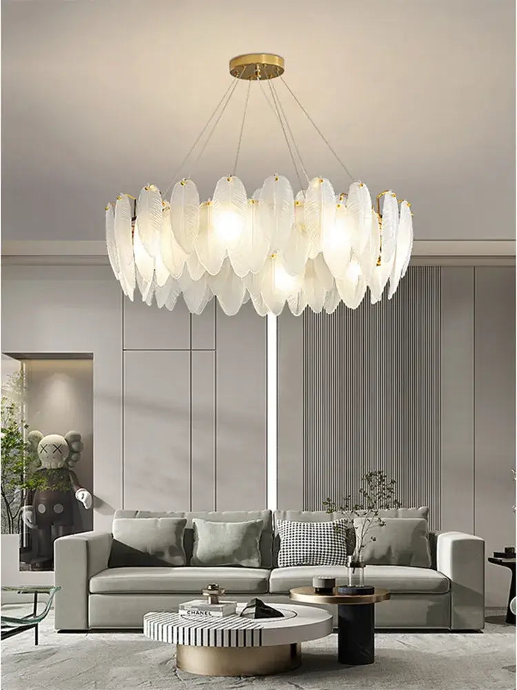 Modern glass feather chandelier living room brass pendant light