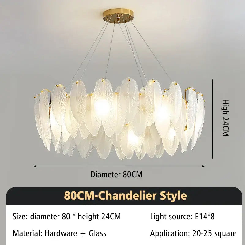 Modern glass feather chandelier living room brass pendant light