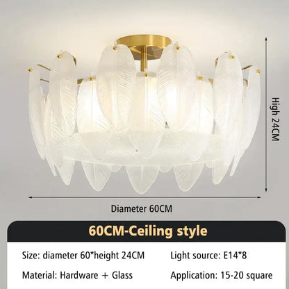 Modern glass feather chandelier living room brass pendant light